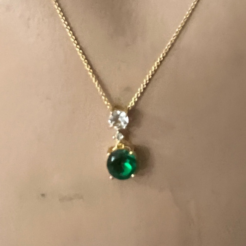 Vtg 925 Sterling Silver Green Cubic Zirconia‎ Necklace Gold Vermeil 18" FAS